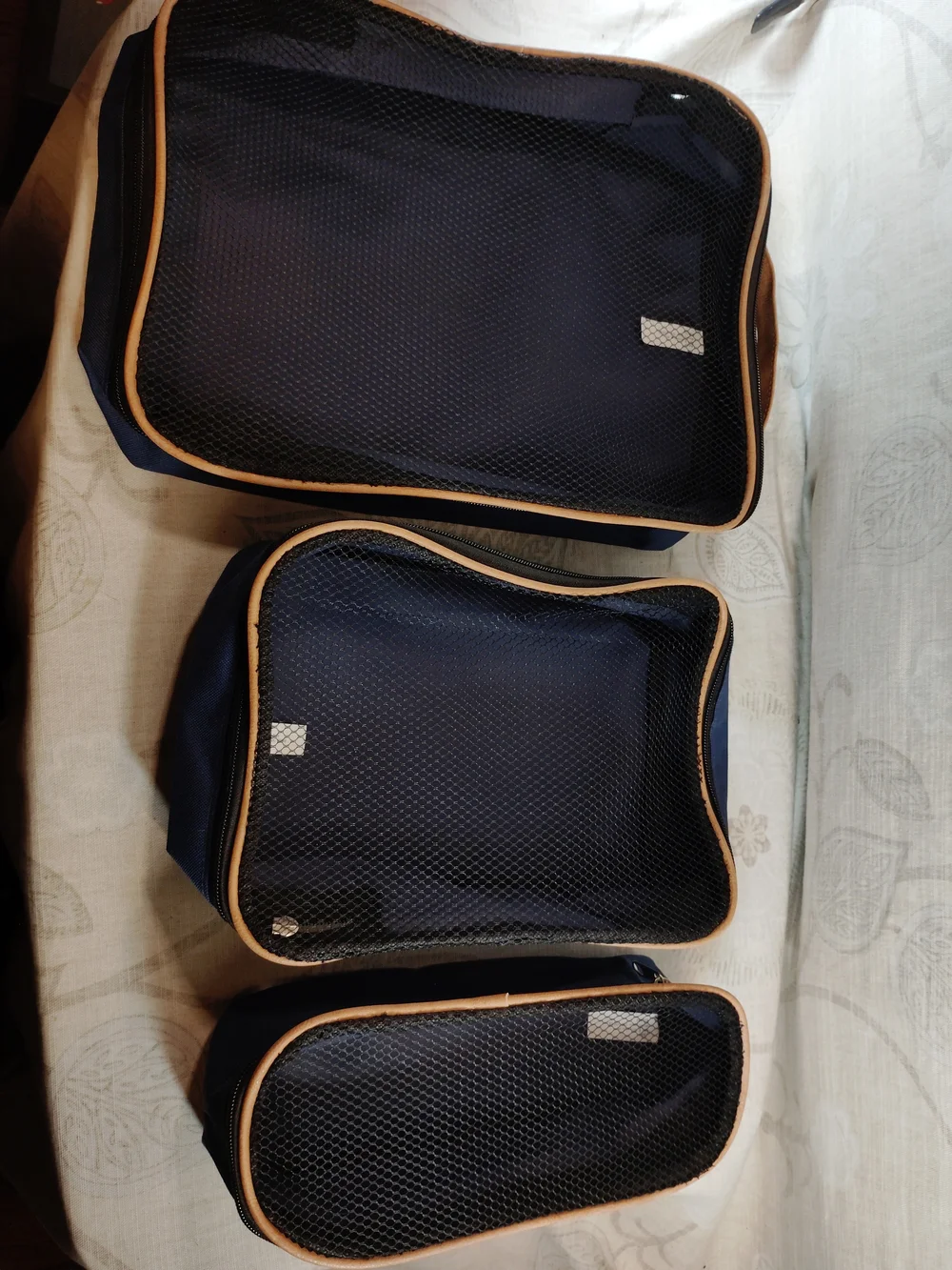 3pc Navy Blue Travel Organizer Cubes Bags with Tan Trim